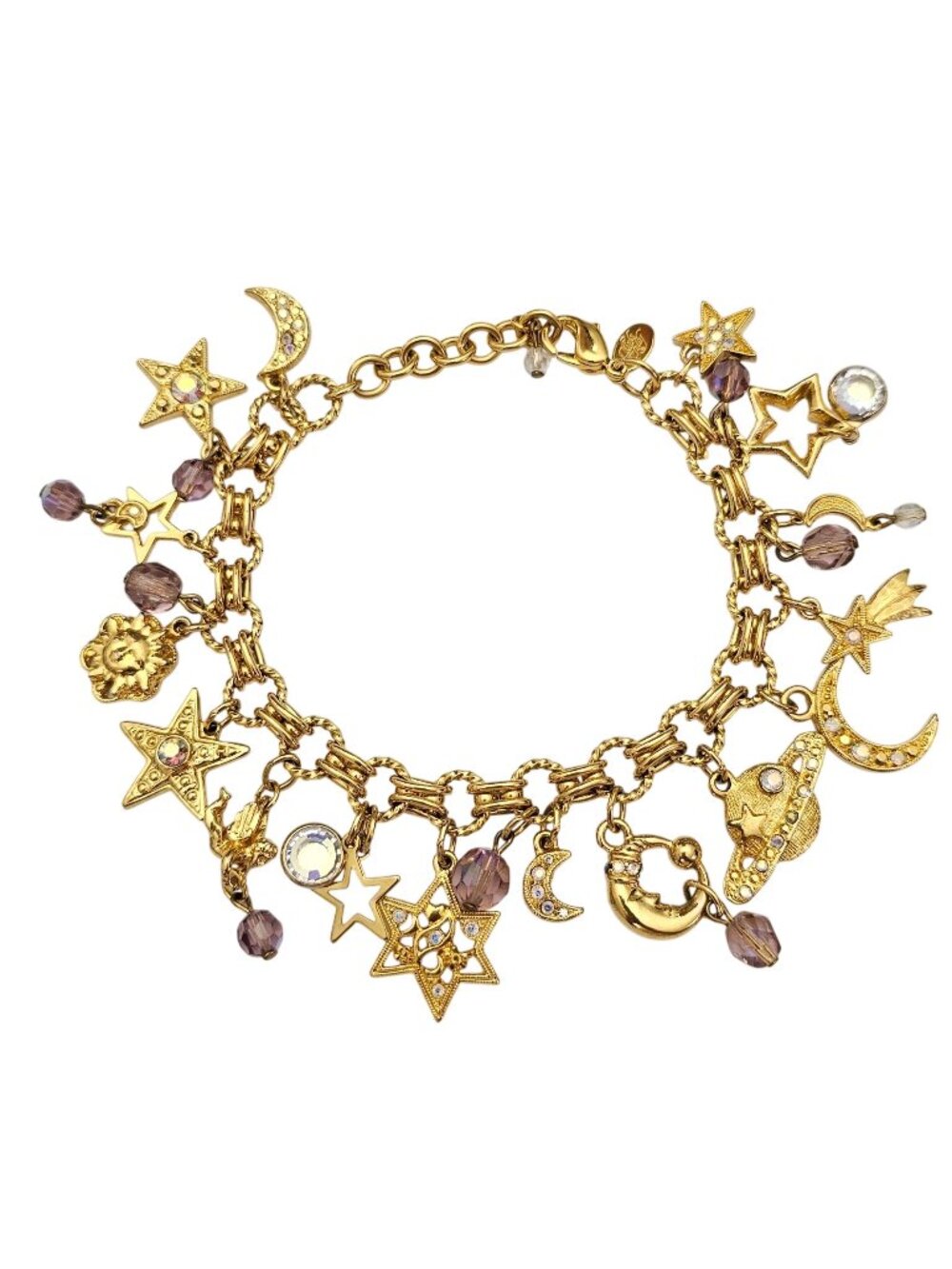 Kirks Folly Moon Sun Star Cherub Rhinestone Dangle Bracelet Signed, J852